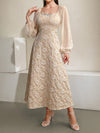 Elegant Floral Jacquard Lantern Sleeve Dress for Spring and Summer