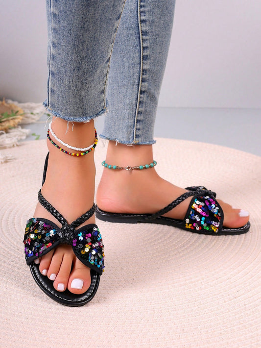Sparkle and Shine: Women's Glitter Butterfly Knot Flat Slippers