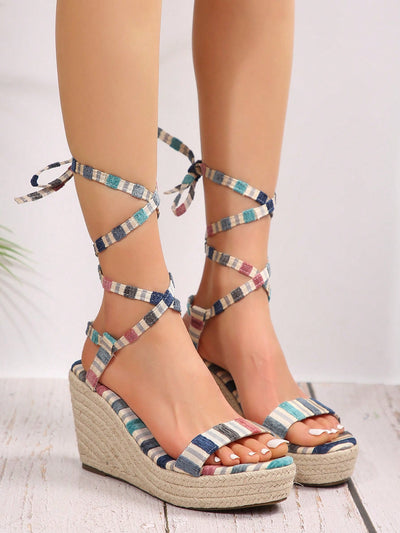 Summer Rainbow Striped Tie-Up Wedge Platform Sandals: Stylish Beach Chic