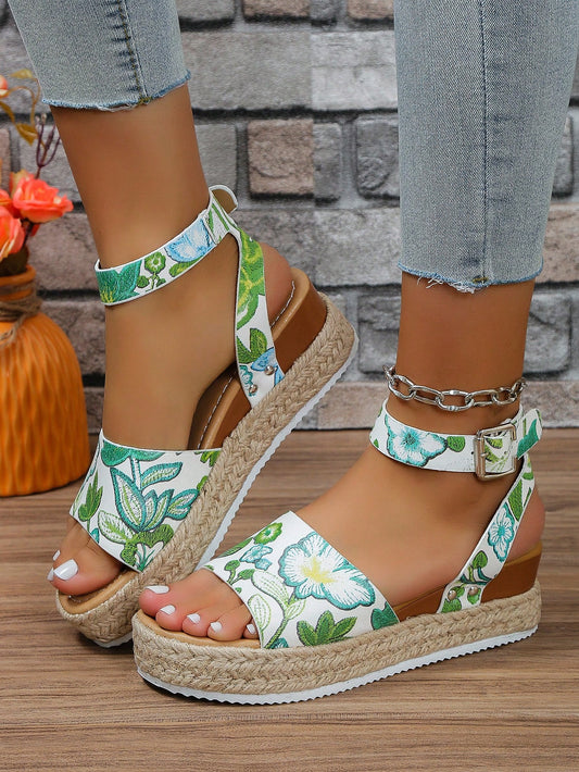 Elevate your summer style with our Womens Plus Size Floral Woven Wedge Sandals. The intricate floral design adds a touch of elegance, while the wedge heel provides all-day comfort. Perfect for any occasion, these sandals will have you looking and feeling chic all season long.