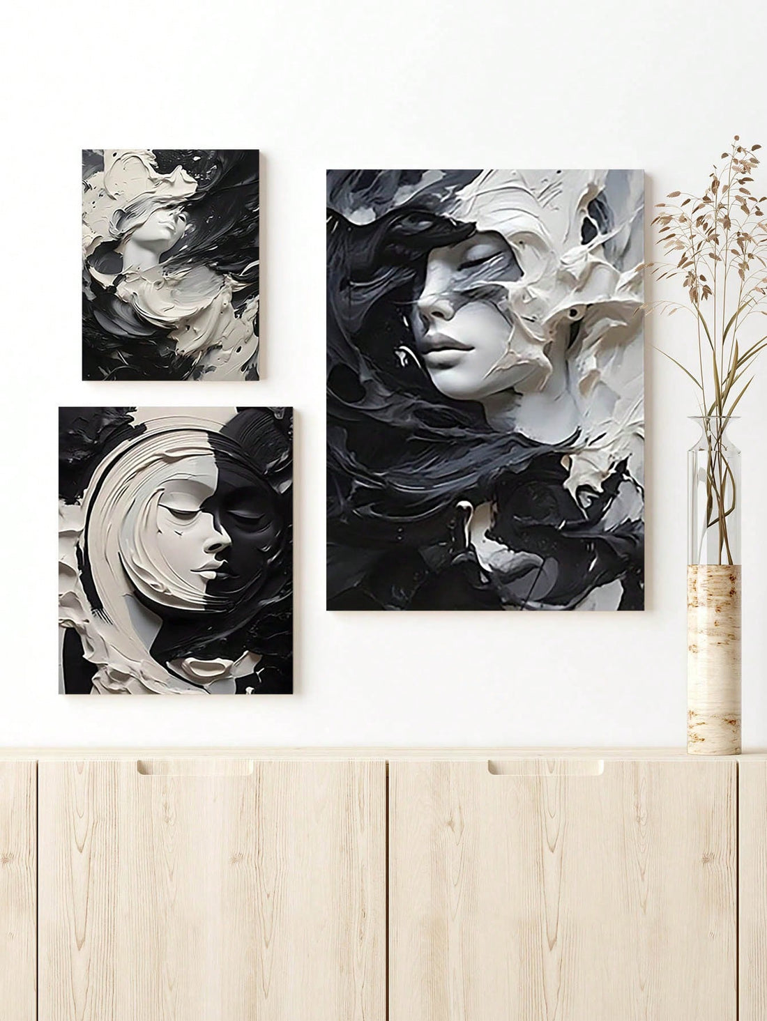 Enhance your living space with this modern abstract face canvas poster. The black and white aesthetic adds a touch of sophistication to any room, while the unframed design allows for versatile placement. Perfect for home decor, offices, hotels, and more. Elevate your space with this unique, expertly crafted room art print.