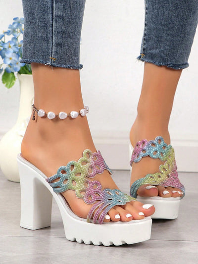 Shimmering Rainbow Platform Flip Flops: Fashionable High Heel Sandals with Flowers