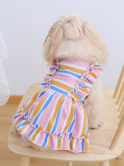 Introducing Countryside Chic for your stylish pet! This colorful striped ruffle hem dress is perfect for spring and summer. Made with quality fabric, your pet will stay comfortable and fashion-forward. Dress up your furry friend and make a statement this season.