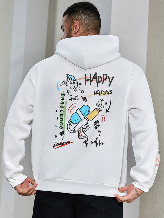 Stay cool and stylish with this men's plus size hoodie featuring a unique water gun letter print. The drop shoulder design adds a touch of trendiness to this comfortable and breathable piece. Perfect for staying cool during the summer months while making a statement.