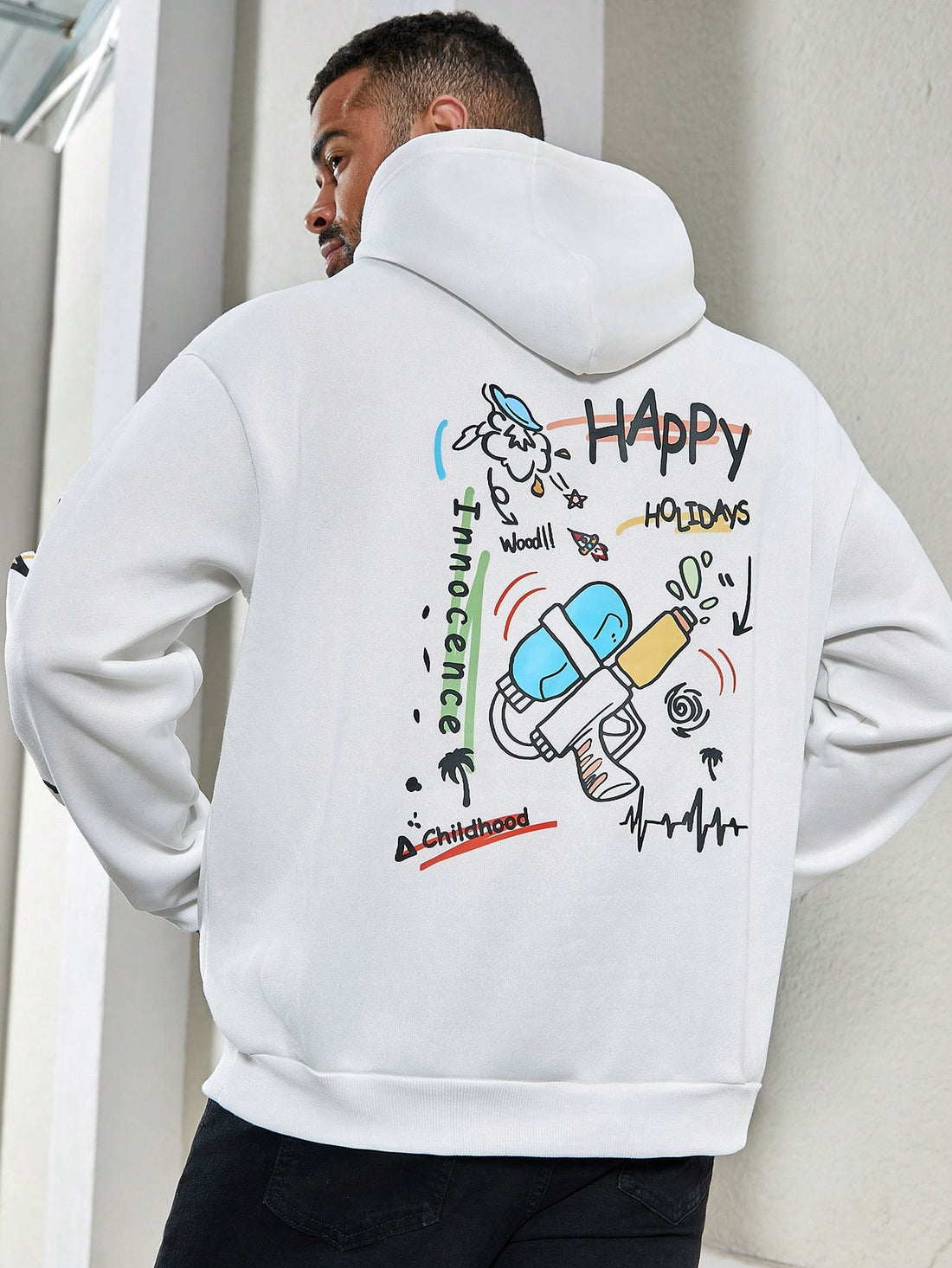 Stay cool and stylish with this men's plus size hoodie featuring a unique water gun letter print. The drop shoulder design adds a touch of trendiness to this comfortable and breathable piece. Perfect for staying cool during the summer months while making a statement.