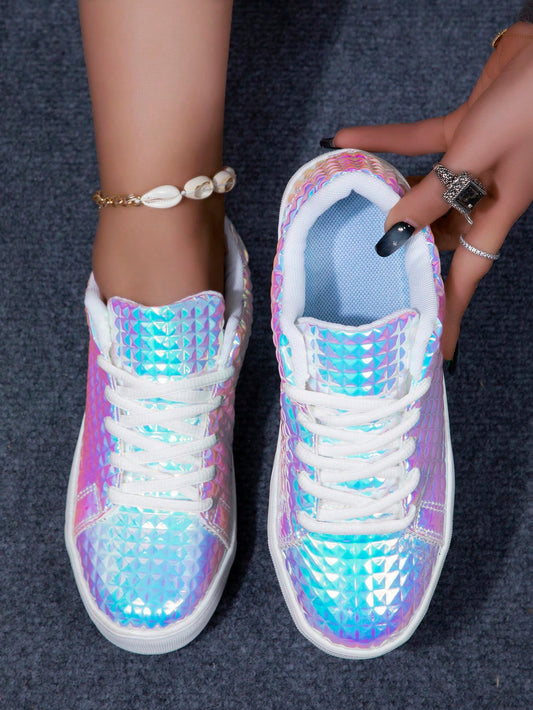 Elevate your style with Shining Bright: Women's Leisure Comfortable Flat Iridescent <a href="https://canaryhouze.com/collections/women-canvas-shoes?sort_by=created-descending" target="_blank" rel="noopener">Sneakers</a>. The perfect combination of comfort and fashion, these sneakers feature an iridescent design that will add a touch of sparkle to any outfit. With a flat sole, they provide ultimate support and a comfortable fit. Elevate your outfit with these must-have sneakers.