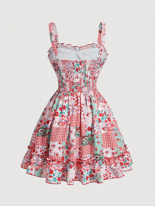 Countryside Charm: Patchwork Print Color Blocking Waist Tie Mini Dress