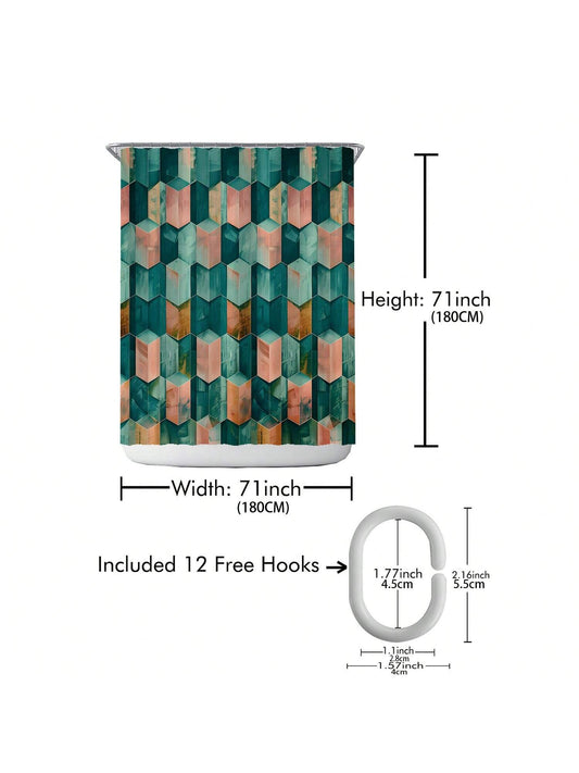 Happy Bathroom Makeover: Printed Shower Curtain with 12 Plastic Hooks