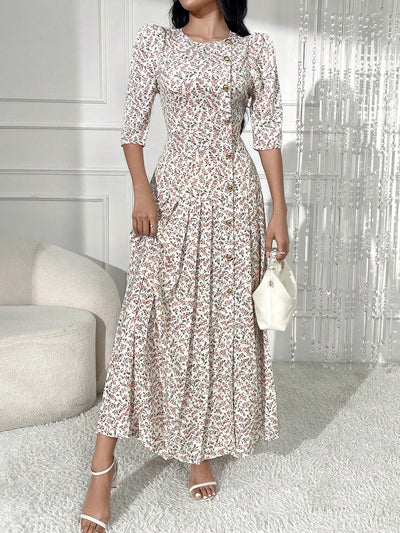 Chic Pleated Floral Dress with Button Details - Perfect for Any Occasion