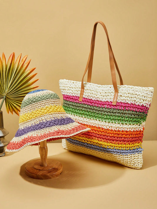 Rainbow Summer Tote Bag and Hat Set: The Ultimate Holiday Beach Handbag for Mom, Teenage Girls, and Female College Students