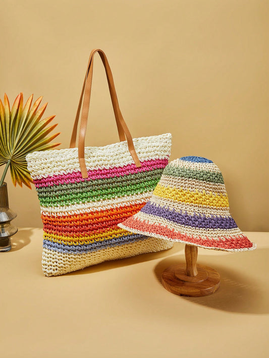 Expertly crafted for beach adventures, this Rainbow Summer Tote Bag and Hat Set is the perfect holiday handbag for moms, teenage girls, and female college students. Made from high-quality materials, it offers both style and functionality with its rainbow design and spacious interior. Complete your beach look with this ultimate tote bag and hat set.