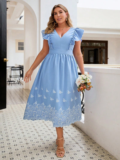 This summer, elevate your wardrobe with our plus size floral dress. Featuring delicate embroidery, stylish ruffle hem, and a flattering V-neck, this dress is perfect for any occasion. Stay cool and confident with its lightweight and breathable fabric. Enjoy the compliments and comfort of this must-have dress