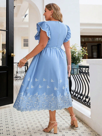 Summer Plus Size Floral Embroidery Splice Ruffle Hem V-Neck Dress For Women