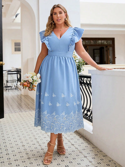 Summer Plus Size Floral Embroidery Splice Ruffle Hem V-Neck Dress For Women