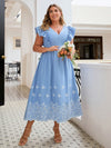 Summer Plus Size Floral Embroidery Splice Ruffle Hem V-Neck Dress For Women