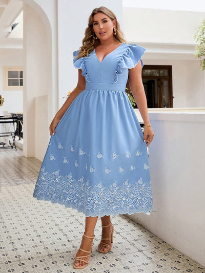 Summer Plus Size Floral Embroidery Splice Ruffle Hem V-Neck Dress For Women