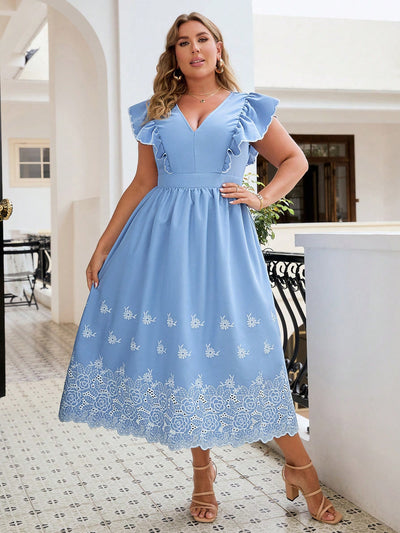 Summer Plus Size Floral Embroidery Splice Ruffle Hem V-Neck Dress For Women