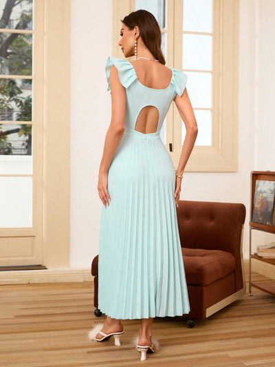 Chic Vacation Vibes: High-Waist Hollow-Out Pleated Ruffle Trim Dress in Baby Blue