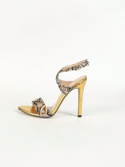 Golden Blossom: Women's Floral Print Stiletto Sandals