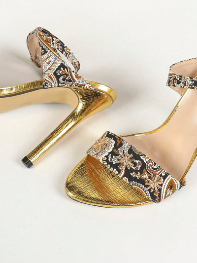 Golden Blossom: Women's Floral Print Stiletto Sandals