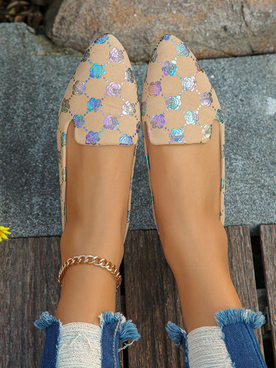 Chic Plus Size Floral Printed Pointed Toe Flats for Spring, Summer & Autumn