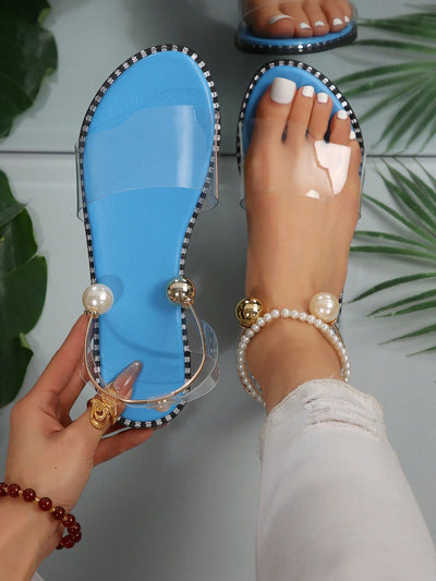 Summer Blossom: Floral Flat Sandals with Metal Buckle and Pearl Decoration for Women