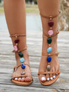 European-American Style Gemstone Hollow Out Brown Flat Sandals for Vacation