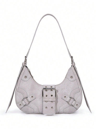 Gothic Chic: White Crocodile Shoulder Bag with Metal Buckles