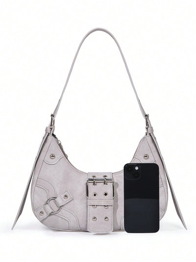 Gothic Chic: White Crocodile Shoulder Bag with Metal Buckles