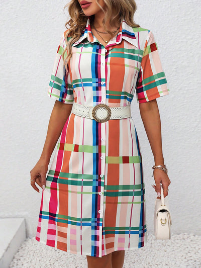 Women's Colorful Grid Pattern Printed Shirt Dress - Rainbow Grid Chic Shirt Dress