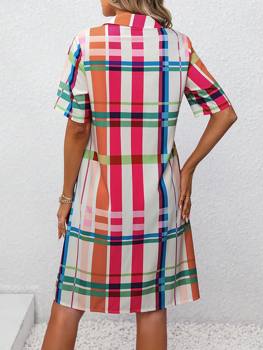 Women's Colorful Grid Pattern Printed Shirt Dress - Rainbow Grid Chic Shirt Dress