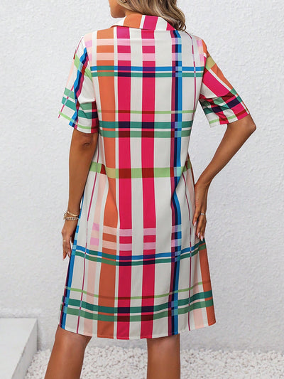 Women's Colorful Grid Pattern Printed Shirt Dress - Rainbow Grid Chic Shirt Dress