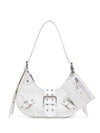 Gothic Chic: White Crocodile Shoulder Bag with Metal Buckles