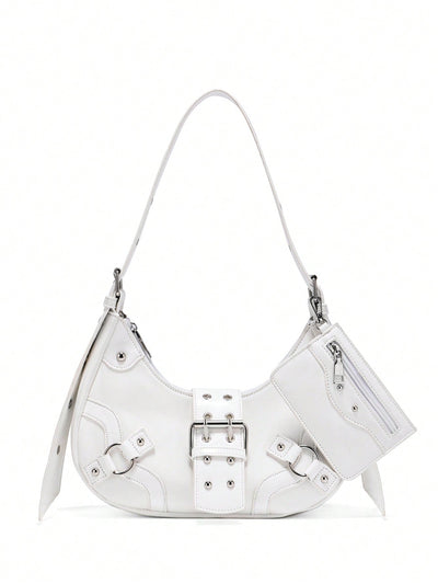 Gothic Chic: White Crocodile Shoulder Bag with Metal Buckles