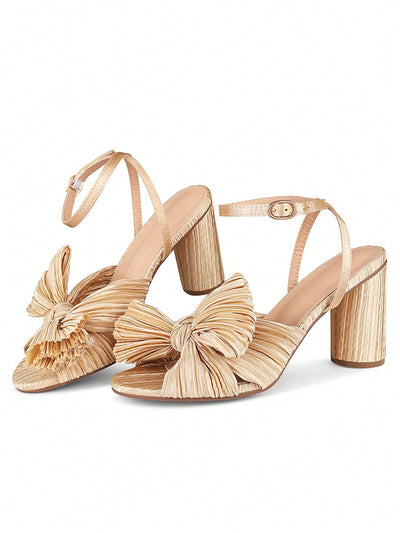 Elegant Bowknot Pleated Chunky High-Heeled Sandals - Perfect for Summer Weddings