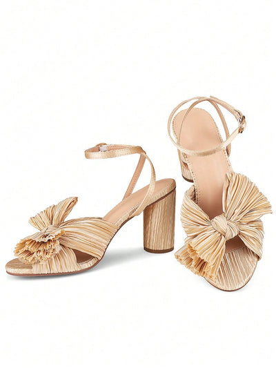 Elegant Bowknot Pleated Chunky High-Heeled Sandals - Perfect for Summer Weddings