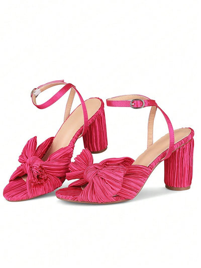 Elegant Bowknot Pleated Chunky High-Heeled Sandals - Perfect for Summer Weddings