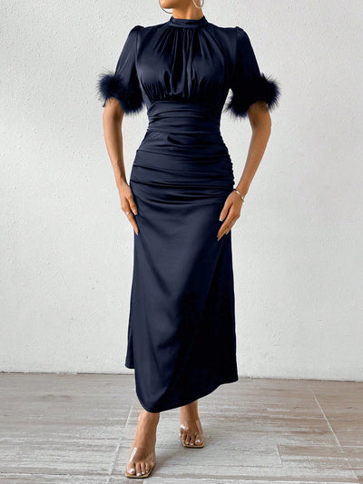 Feathered Elegance: Women's Turkey Feather Satin Party Dress