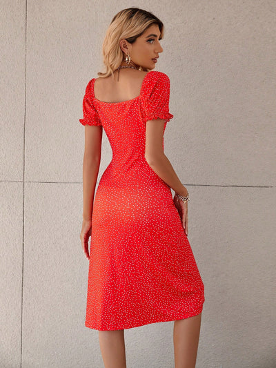 Polka Dot Perfection: Tie-Front Puff Sleeve Dress with Ruched Bust and Flirty Slit Hem