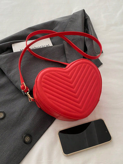 Romantic Heart-Shaped Crossbody Bag with V-Shaped Embossed Pattern - Perfect for Women