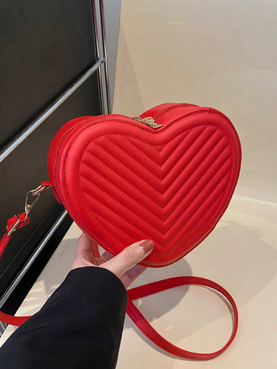 Romantic Heart-Shaped Crossbody Bag with V-Shaped Embossed Pattern - Perfect for Women