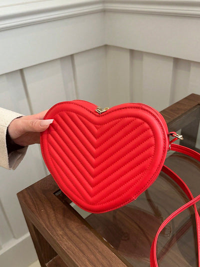 Romantic Heart-Shaped Crossbody Bag with V-Shaped Embossed Pattern - Perfect for Women