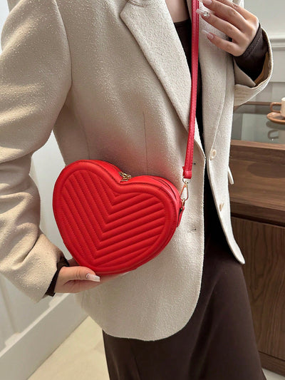 Romantic Heart-Shaped Crossbody Bag with V-Shaped Embossed Pattern - Perfect for Women