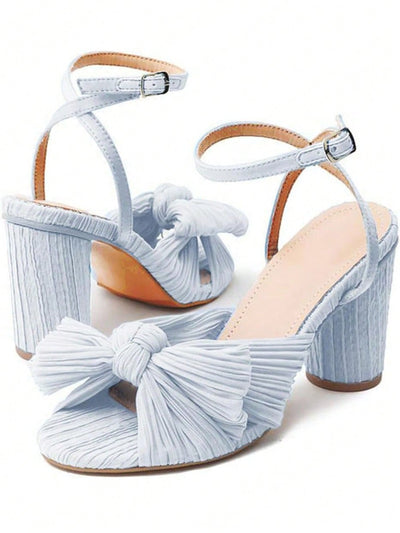 Elegant Bowknot Pleated Chunky High-Heeled Sandals - Perfect for Summer Weddings