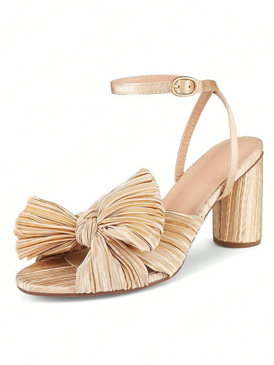 Elegant Bowknot Pleated Chunky High-Heeled Sandals - Perfect for Summer Weddings