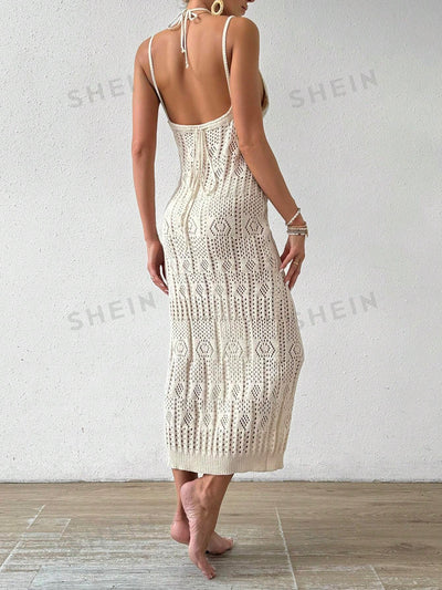 Chic Summer Vibes: Solid Color Hollow Out Knitted Tank Dress