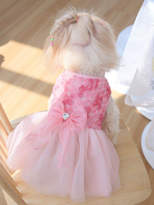 Gradient Rose Rhinestone Bowknot Princess Dress for Cats and Dogs