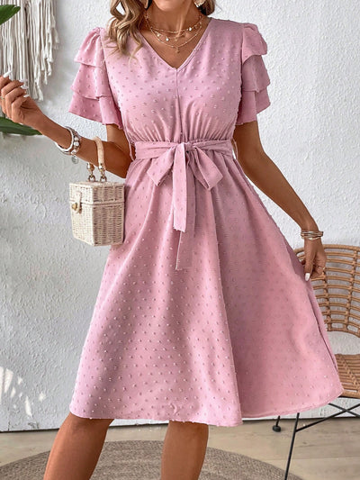 Elegant Charm V-Neck Dress with Belted Waist