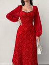 Elegant Floral Jacquard Lantern Sleeve Dress for Spring and Summer