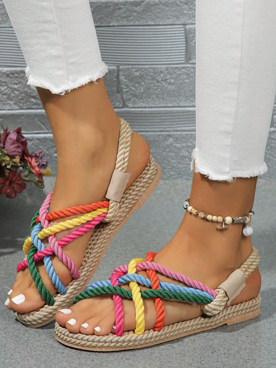 Multicolor Rainbow Flat Summer Sandals: Stylish Mule Style with Weaved Bottom for Comfort and Easy Slip-On Wrap Toe